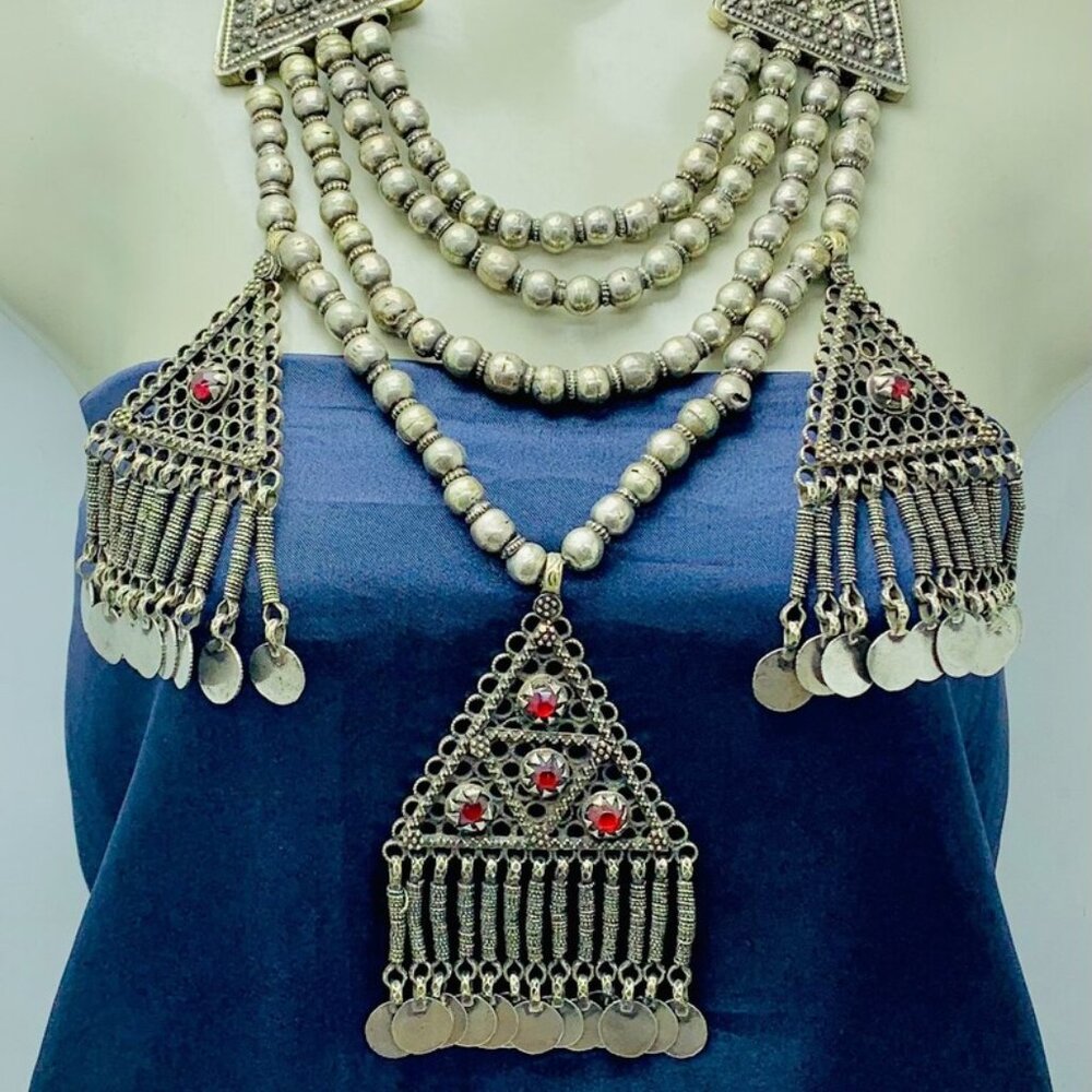 Beaded Layered Necklace, Silver Gypsy Vintage Necklace With Three Dangling